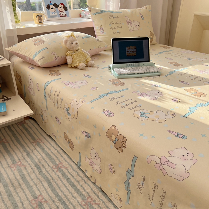 91家纺网 家纺一手货源 找家纺 六巷胡同 2026新款40支全棉13070卡通单品床单 猫咪甜甜圈