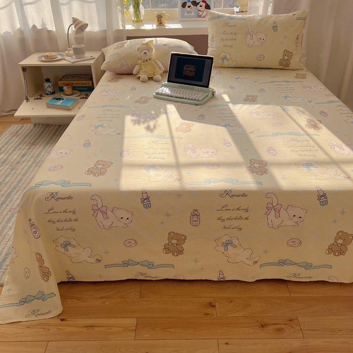 91家纺网 家纺一手货源 找家纺 六巷胡同 2026新款40支全棉13070卡通单品床单 猫咪甜甜圈