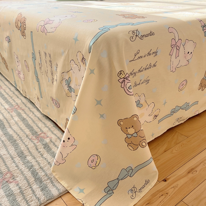 91家纺网 家纺一手货源 找家纺 六巷胡同 2026新款40支全棉13070卡通单品床单 猫咪甜甜圈