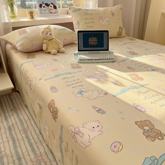 91家纺网 家纺一手货源 找家纺 六巷胡同 2026新款40支全棉13070卡通单品床单 猫咪甜甜圈