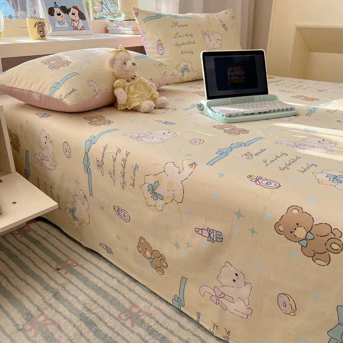 91家纺网 家纺一手货源 找家纺 六巷胡同 2026新款40支全棉13070卡通单品床单 猫咪甜甜圈