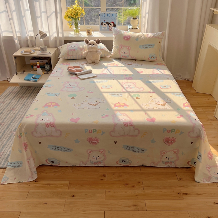 91家纺网 家纺一手货源 找家纺 六巷胡同 2026新款40支全棉13070卡通单品床单 泡芙萌趣狗