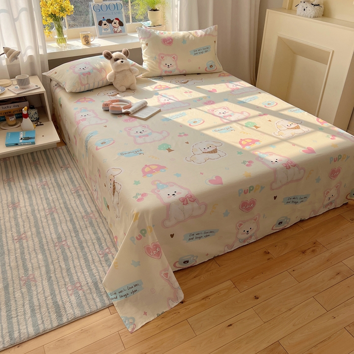 91家纺网 家纺一手货源 找家纺 六巷胡同 2026新款40支全棉13070卡通单品床单 泡芙萌趣狗