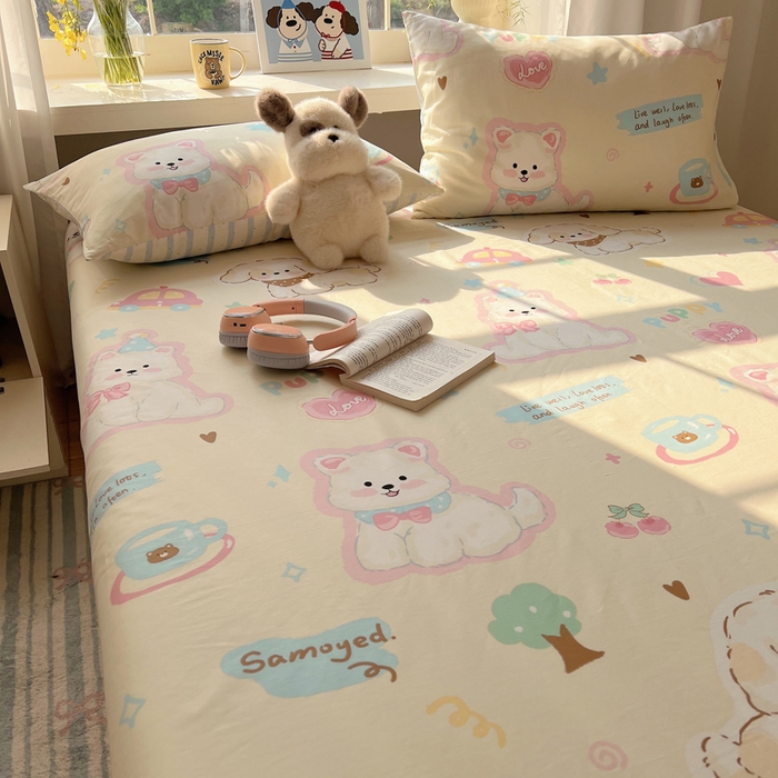 91家纺网 家纺一手货源 找家纺 六巷胡同 2026新款40支全棉13070卡通单品床单 泡芙萌趣狗