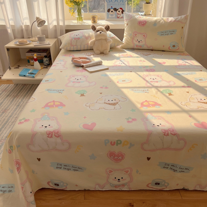 91家纺网 家纺一手货源 找家纺 六巷胡同 2026新款40支全棉13070卡通单品床单 泡芙萌趣狗