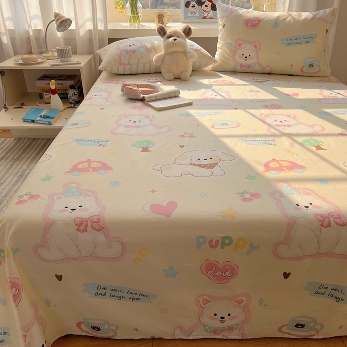 91家纺网 家纺一手货源 找家纺 六巷胡同 2026新款40支全棉13070卡通单品床单 泡芙萌趣狗