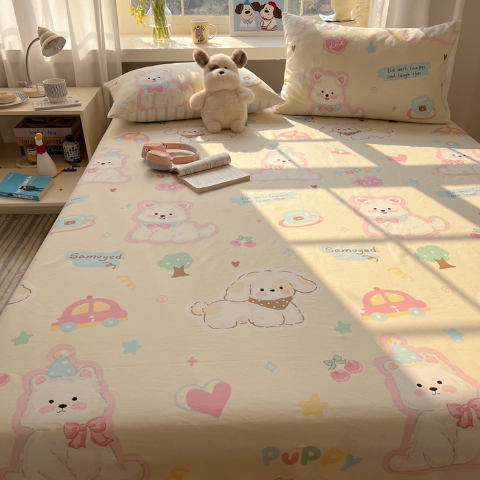 91家纺网 家纺一手货源 找家纺 六巷胡同 2026新款40支全棉13070卡通单品床单 泡芙萌趣狗