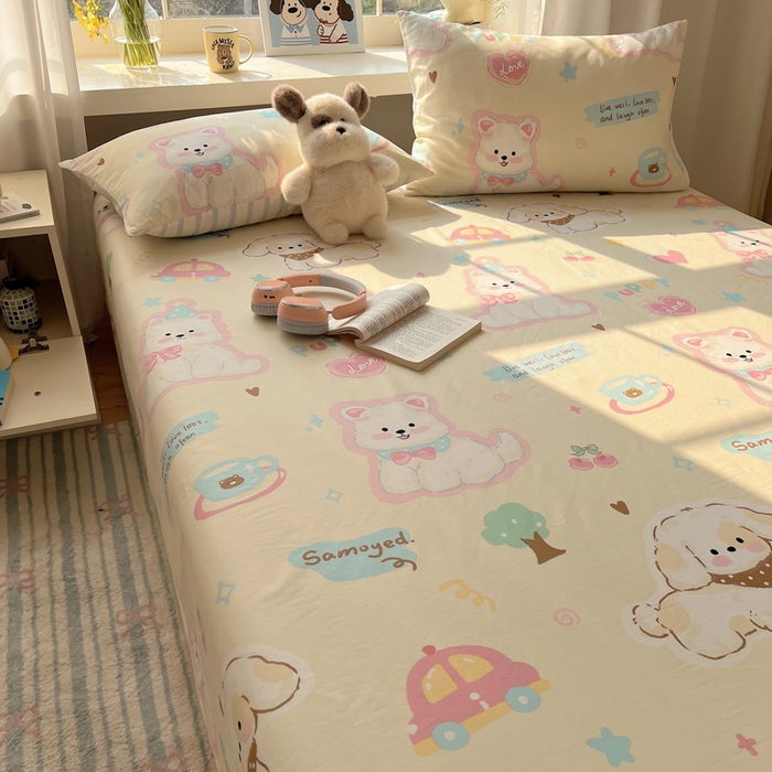 91家纺网 家纺一手货源 找家纺 六巷胡同 2026新款40支全棉13070卡通单品床单 泡芙萌趣狗