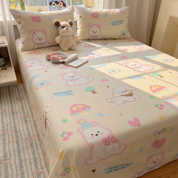 91家纺网 家纺一手货源 找家纺 六巷胡同 2026新款40支全棉13070卡通单品床单 泡芙萌趣狗