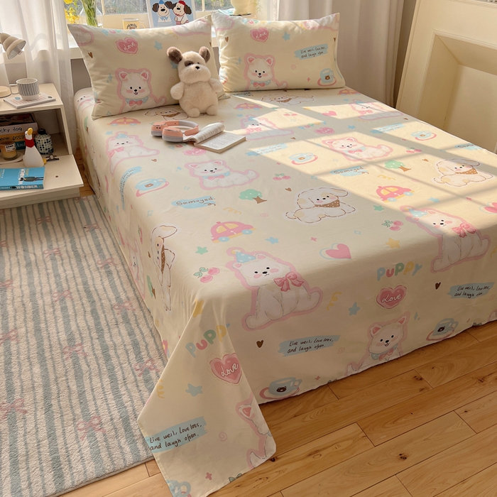 91家纺网 家纺一手货源 找家纺 六巷胡同 2026新款40支全棉13070卡通单品床单 泡芙萌趣狗