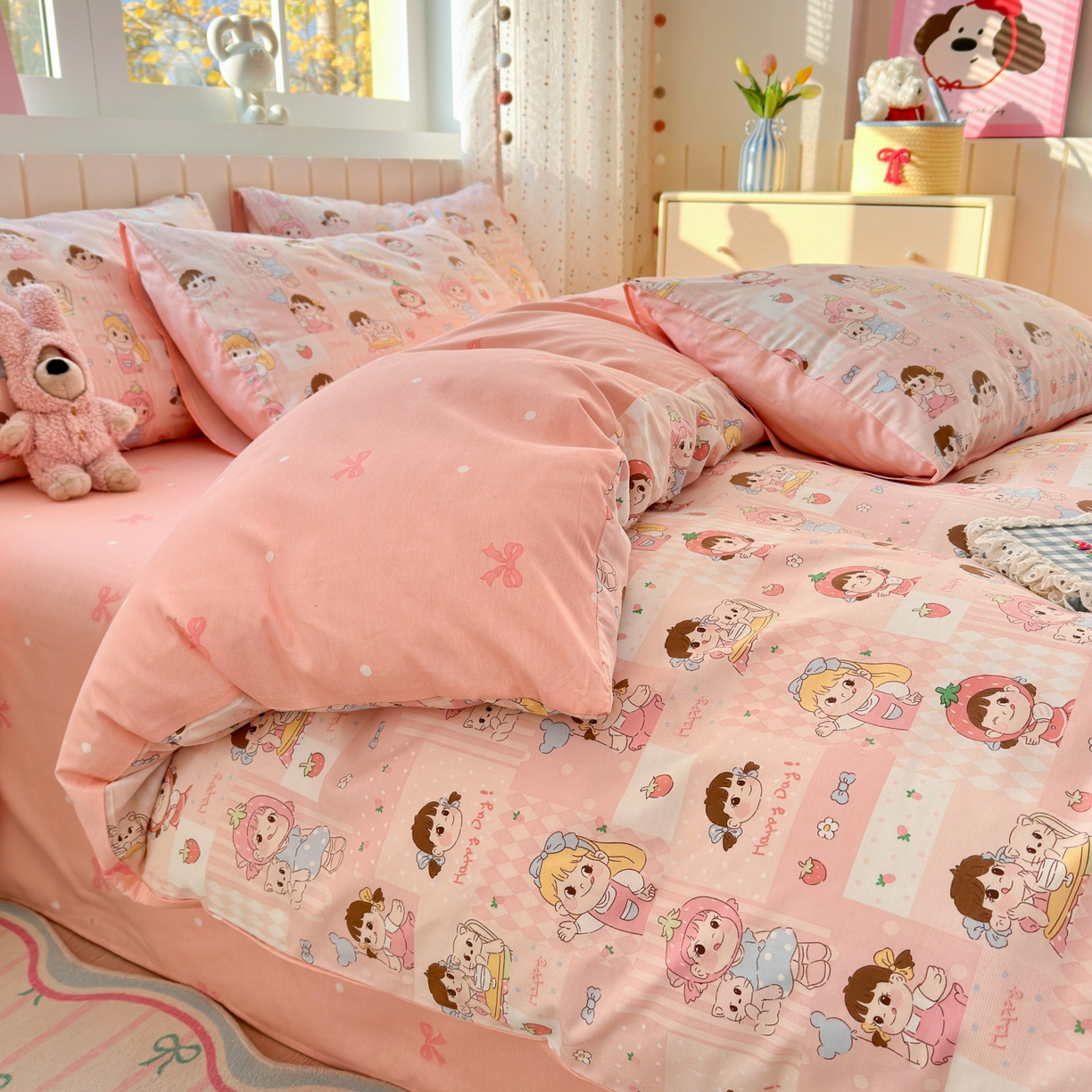 91家纺网 家纺一手货源 找家纺 清雅福 2026春夏新款INS小清新40支全棉13372四件套第一批 棒棒糖女孩