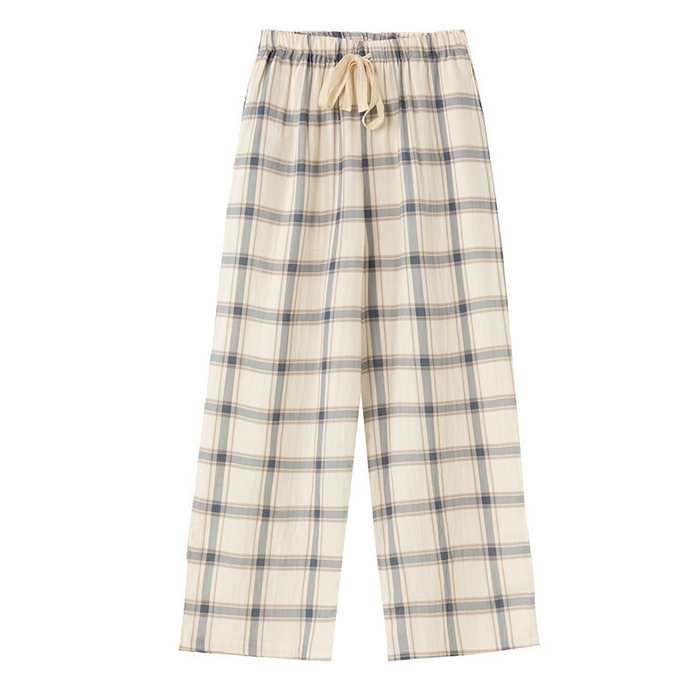 91家纺网 家纺一手货源 找家纺 （总）良品汇馆 2026新款情侣双层纱睡全棉纯棉家居服睡衣男士女士格纹休闲长裤