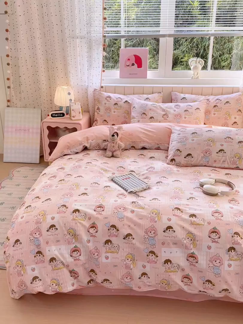 91家纺网 家纺一手货源 找家纺 清雅福 2026春夏新款INS小清新40支全棉13372四件套第一批 棒棒糖女孩