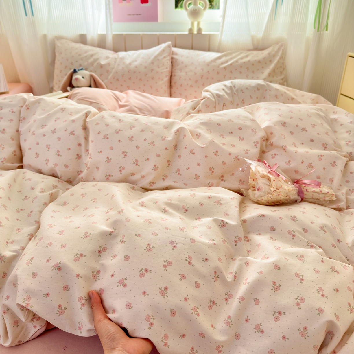 91家纺网 家纺一手货源 找家纺 清雅福 2026春夏新款INS小清新40支全棉13372四件套第一批 春之约定