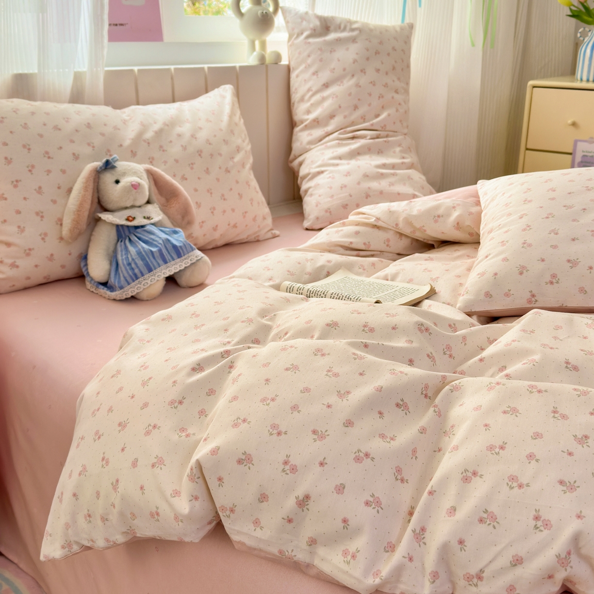 91家纺网 家纺一手货源 找家纺 清雅福 2026春夏新款INS小清新40支全棉13372四件套第一批 春之约定