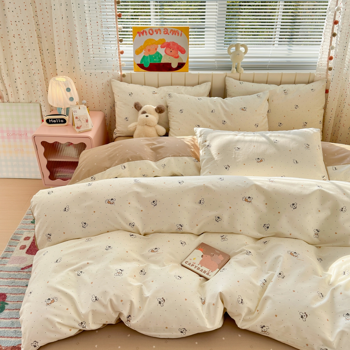 91家纺网 家纺一手货源 找家纺 清雅福 2026春夏新款INS小清新40支全棉13372四件套第一批 点点小狗