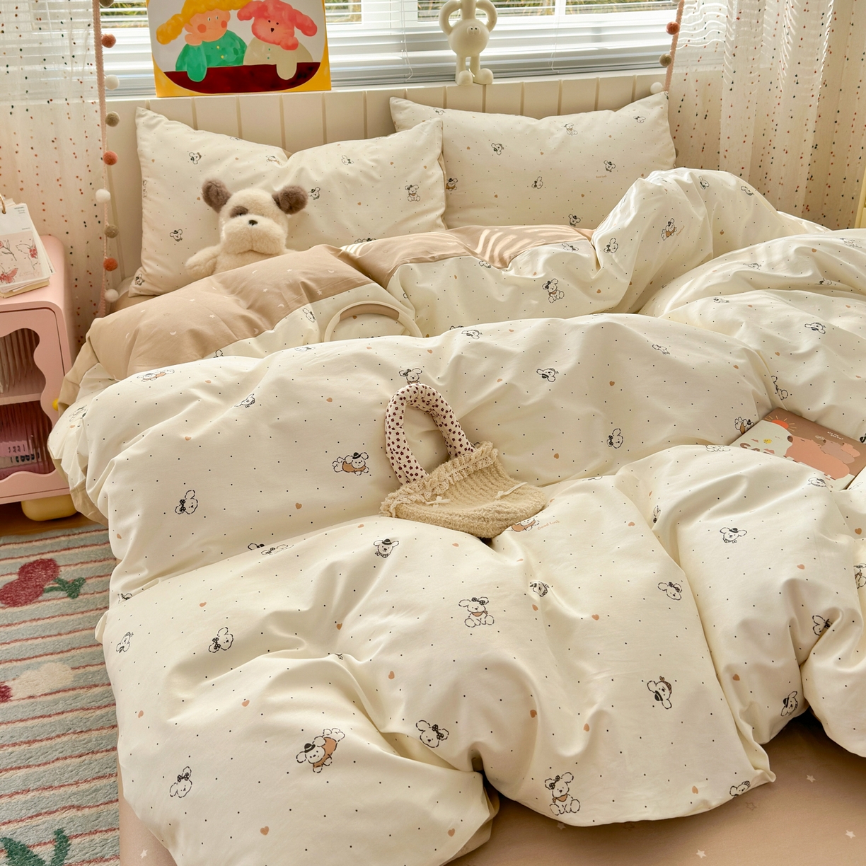 91家纺网 家纺一手货源 找家纺 清雅福 2026春夏新款INS小清新40支全棉13372四件套第一批 点点小狗