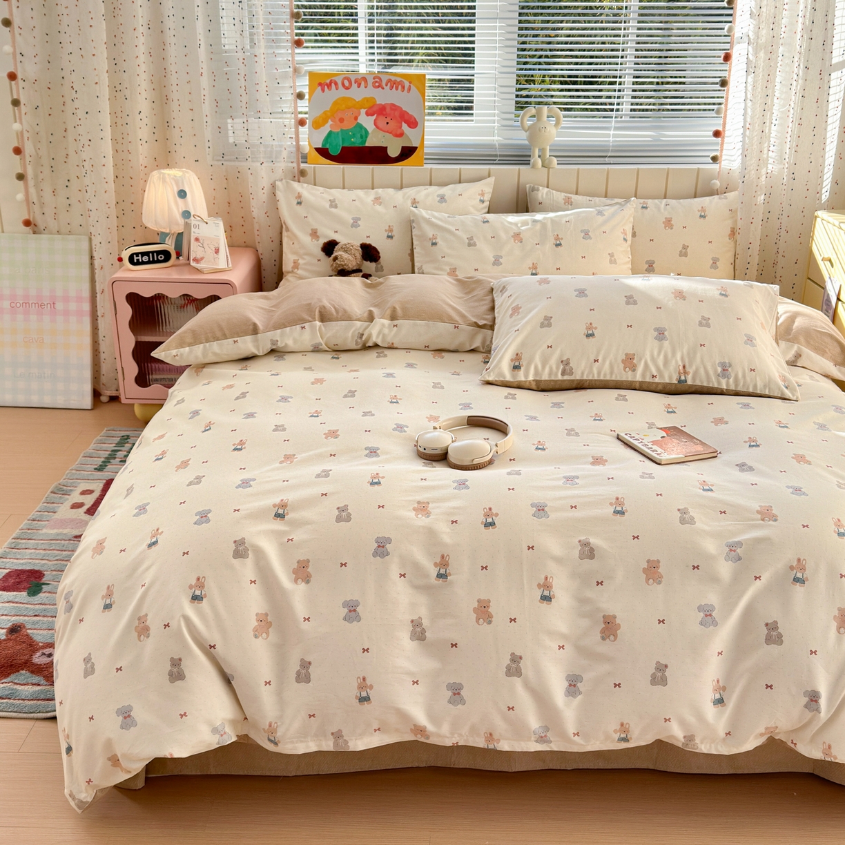 91家纺网 家纺一手货源 找家纺 清雅福 2026春夏新款INS小清新40支全棉13372四件套第一批 豆丁小熊