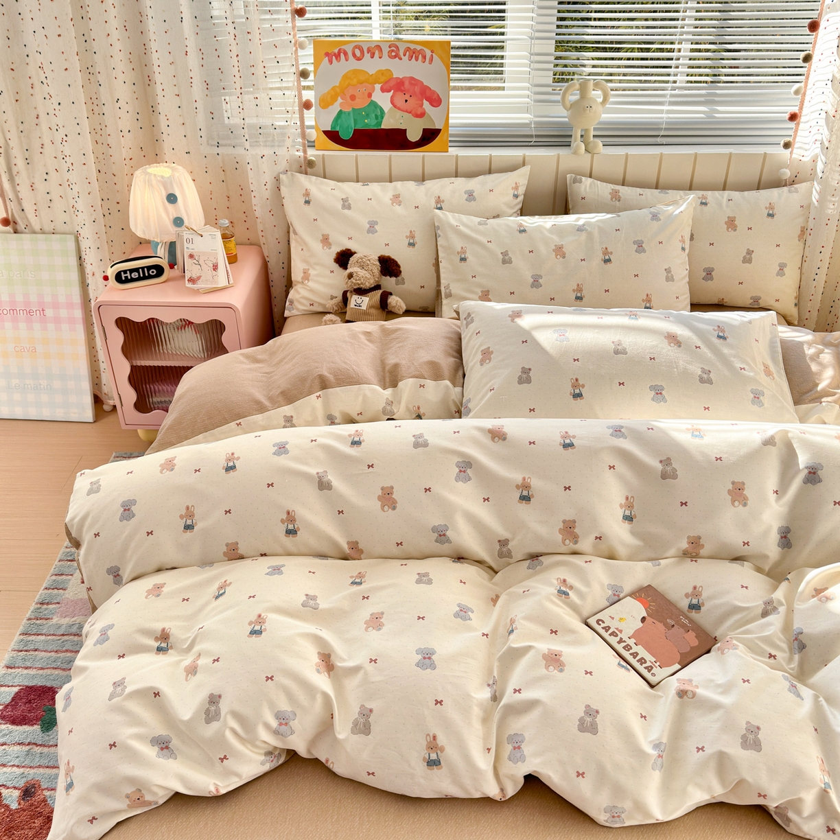 91家纺网 家纺一手货源 找家纺 清雅福 2026春夏新款INS小清新40支全棉13372四件套第一批 豆丁小熊