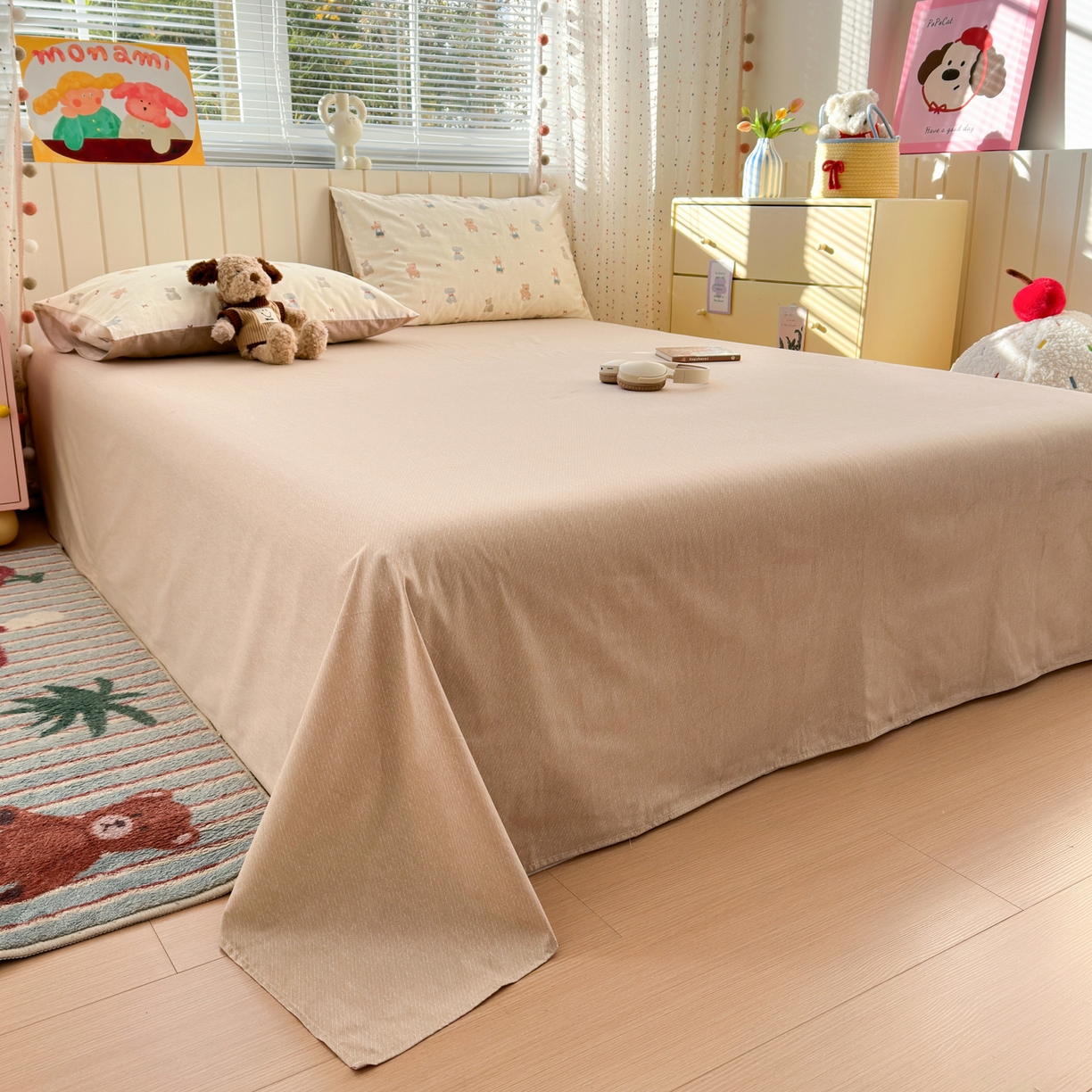 91家纺网 家纺一手货源 找家纺 清雅福 2026春夏新款INS小清新40支全棉13372四件套第一批 豆丁小熊