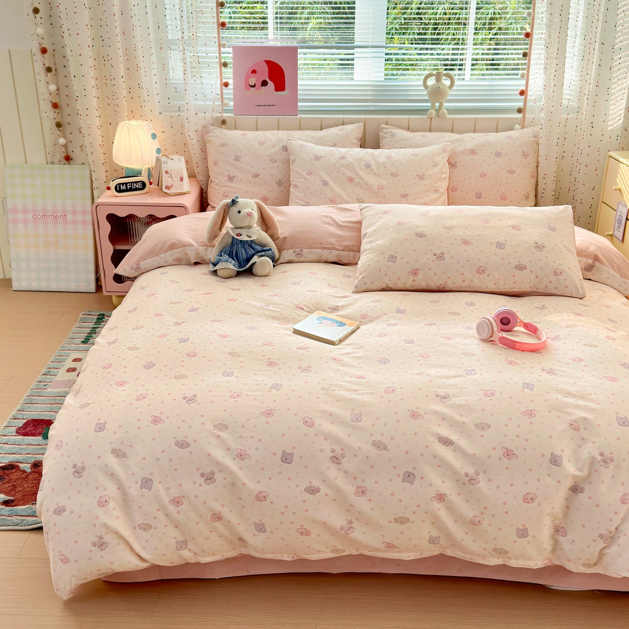 91家纺网 家纺一手货源 找家纺 清雅福 2026春夏新款INS小清新40支全棉13372四件套第一批 粉心狗