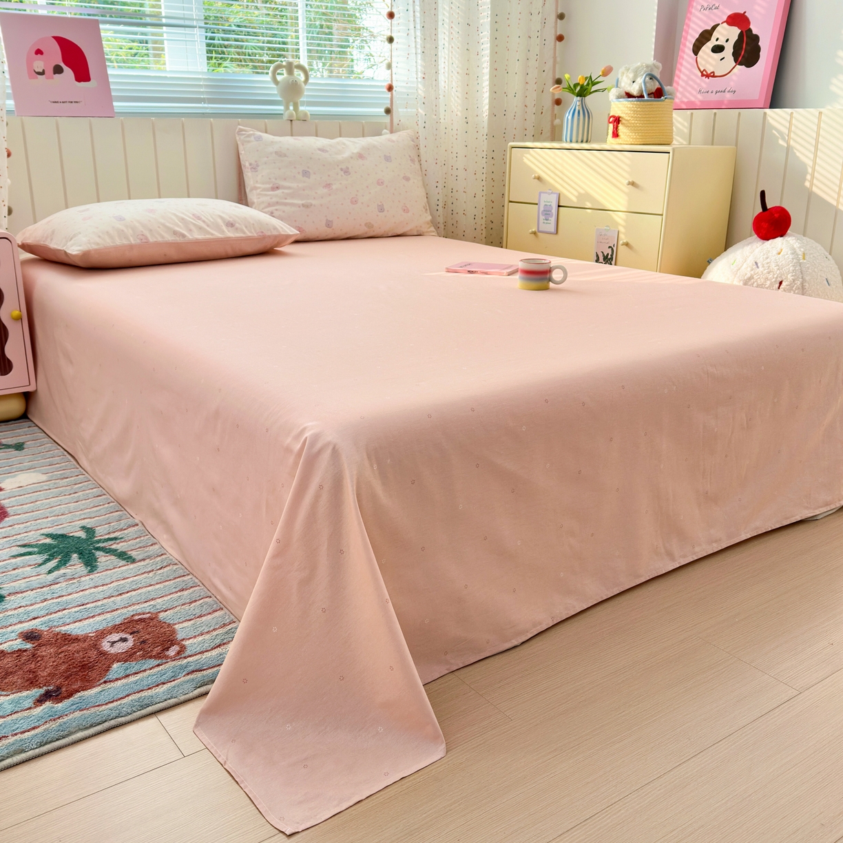 91家纺网 家纺一手货源 找家纺 清雅福 2026春夏新款INS小清新40支全棉13372四件套第一批 粉心狗