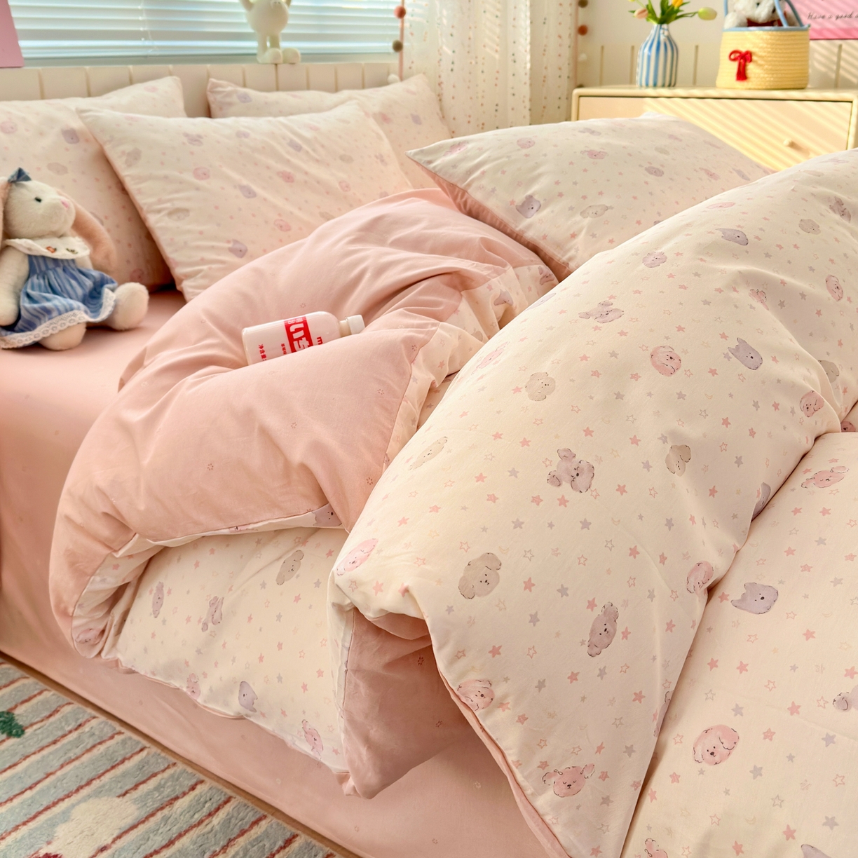 91家纺网 家纺一手货源 找家纺 清雅福 2026春夏新款INS小清新40支全棉13372四件套第一批 粉心狗