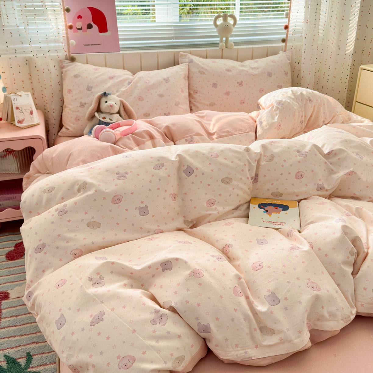 91家纺网 家纺一手货源 找家纺 清雅福 2026春夏新款INS小清新40支全棉13372四件套第一批 粉心狗