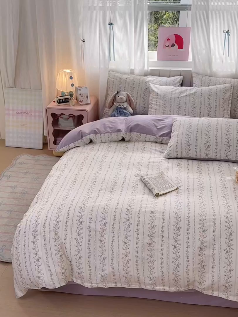 91家纺网 家纺一手货源 找家纺 清雅福 2026春夏新款INS小清新40支全棉13372四件套第一批 含羞草