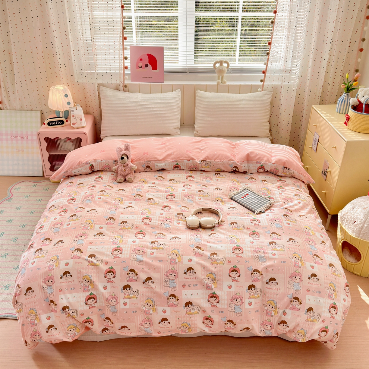 91家纺网 家纺一手货源 找家纺 清雅福 2026春夏新款INS小清新40支全棉13372单被套第一批 棒棒糖女孩