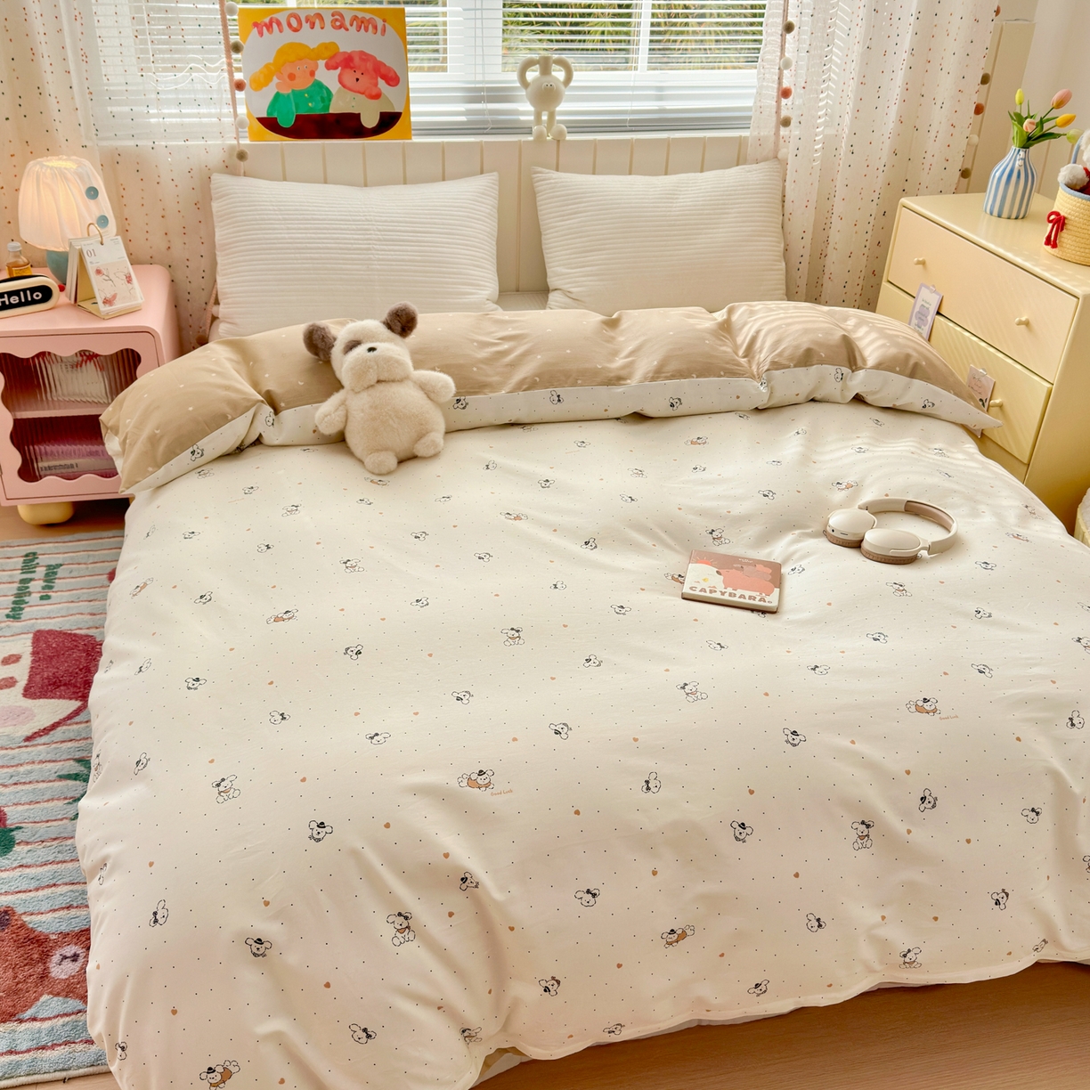 91家纺网 家纺一手货源 找家纺 清雅福 2026春夏新款INS小清新40支全棉13372单被套第一批 点点小狗