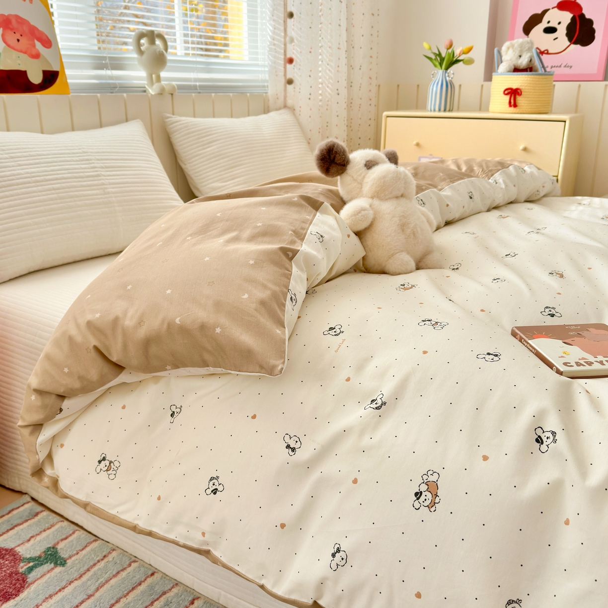 91家纺网 家纺一手货源 找家纺 清雅福 2026春夏新款INS小清新40支全棉13372单被套第一批 点点小狗