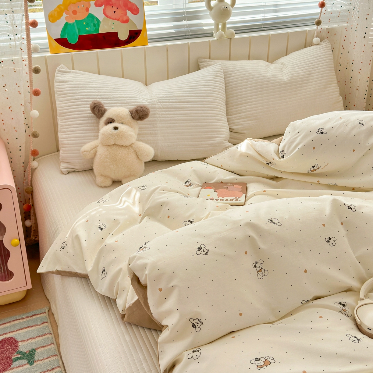 91家纺网 家纺一手货源 找家纺 清雅福 2026春夏新款INS小清新40支全棉13372单被套第一批 点点小狗