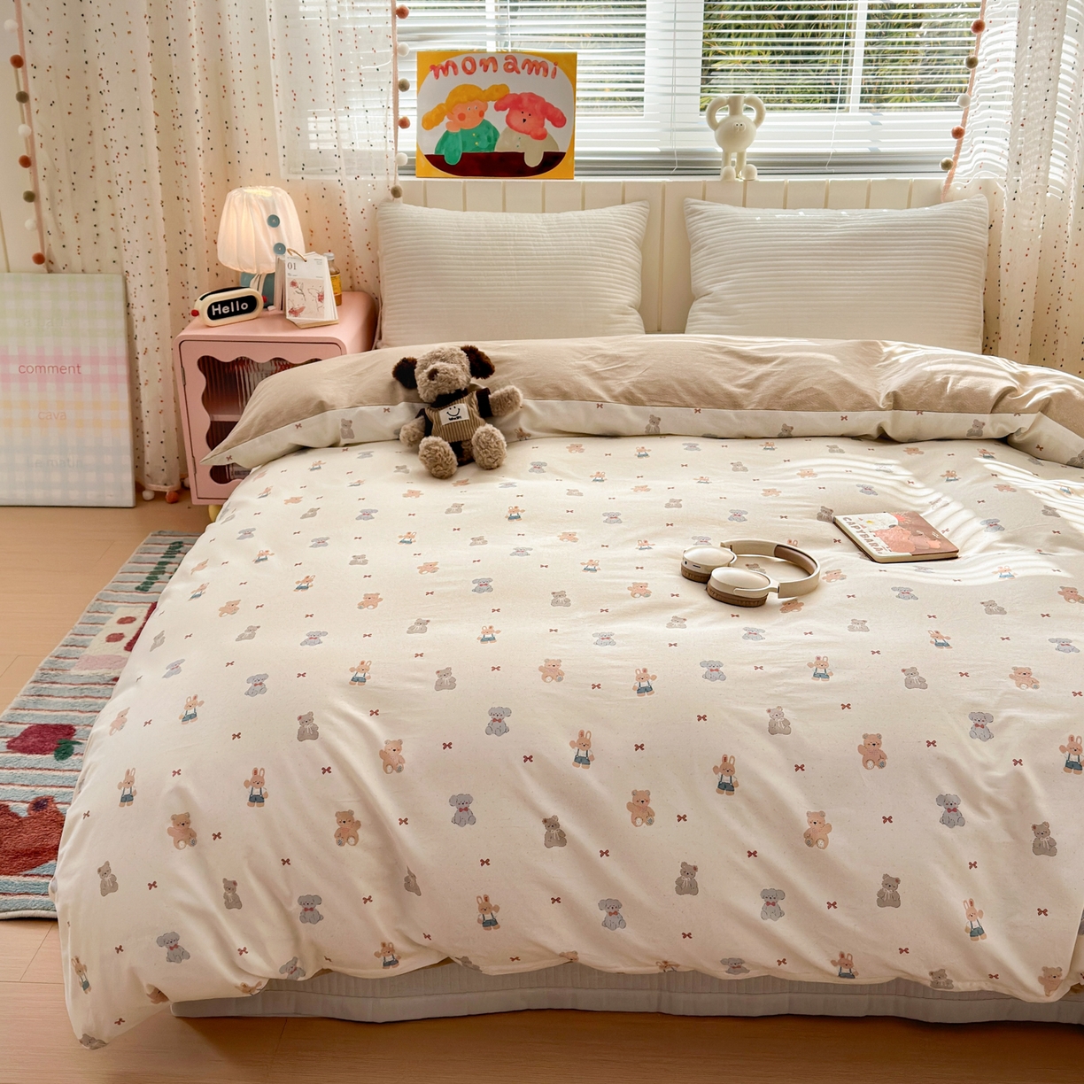 91家纺网 家纺一手货源 找家纺 清雅福 2026春夏新款INS小清新40支全棉13372单被套第一批 豆丁小熊