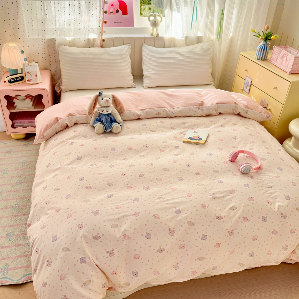 91家纺网 家纺一手货源 找家纺 清雅福 2026春夏新款INS小清新40支全棉13372单被套第一批 粉心狗