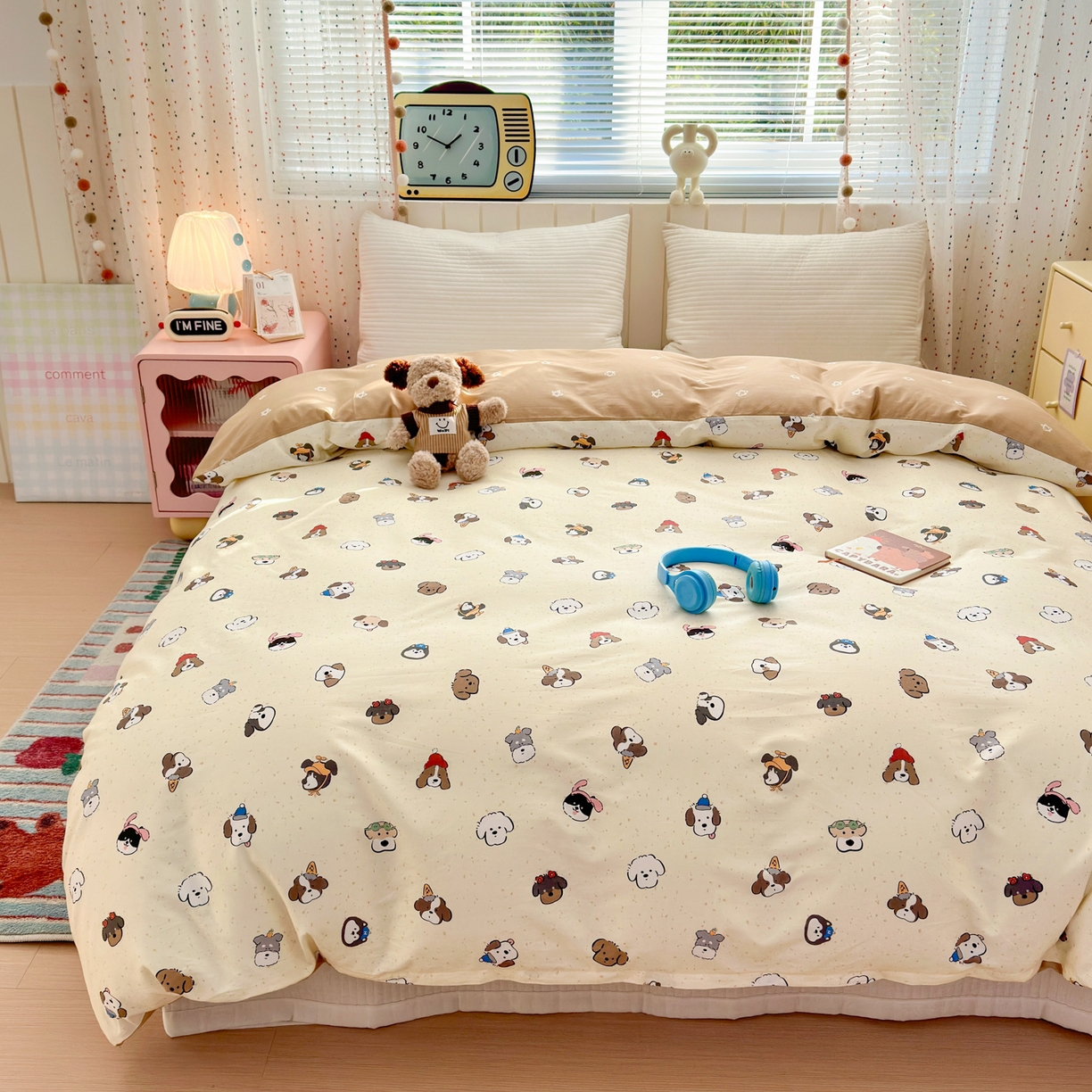 91家纺网 家纺一手货源 找家纺 清雅福 2026春夏新款INS小清新40支全棉13372单被套第一批 富贵狗