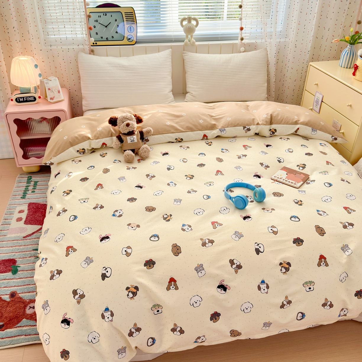 91家纺网 家纺一手货源 找家纺 清雅福 2026春夏新款INS小清新40支全棉13372单被套第一批 富贵狗