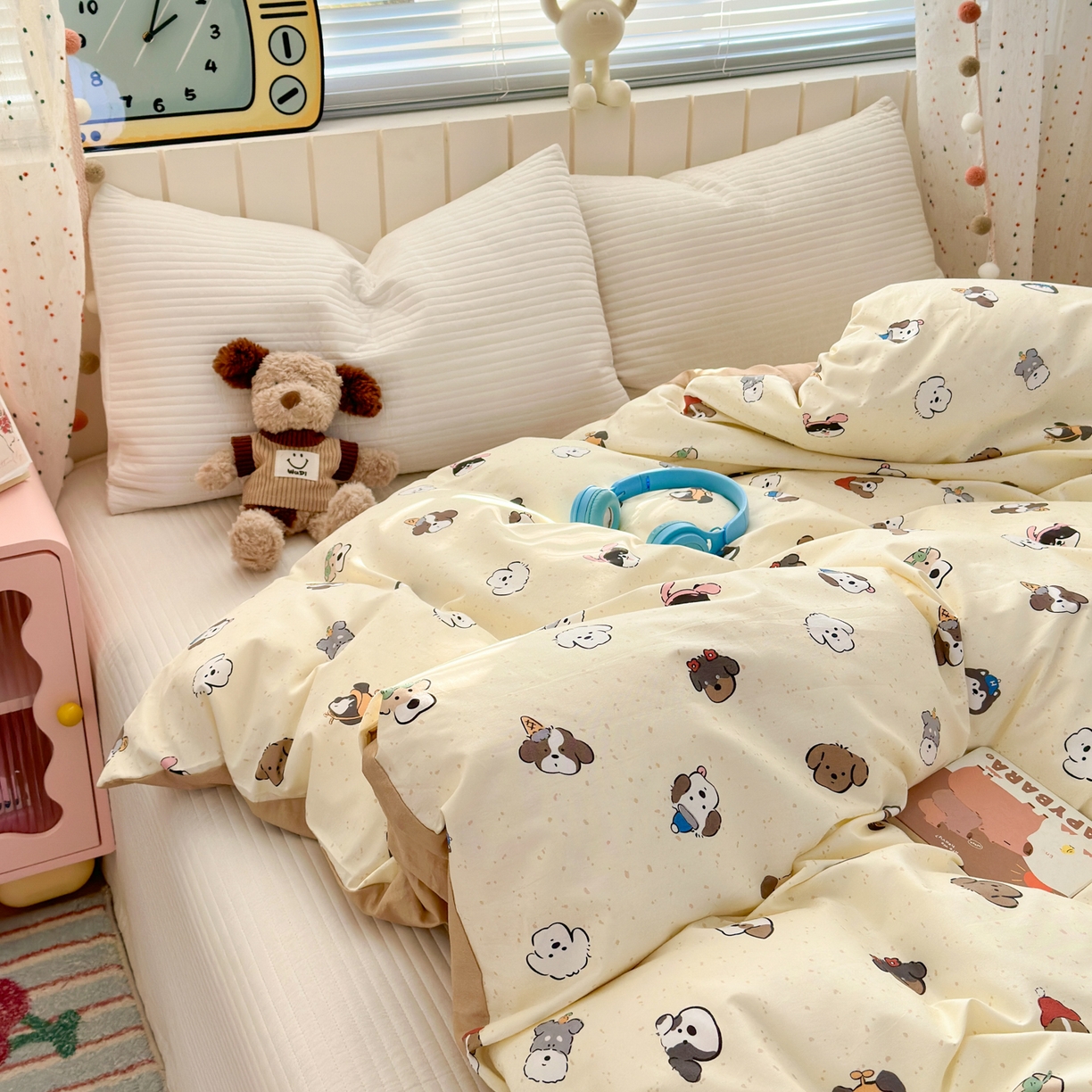 91家纺网 家纺一手货源 找家纺 清雅福 2026春夏新款INS小清新40支全棉13372单被套第一批 富贵狗