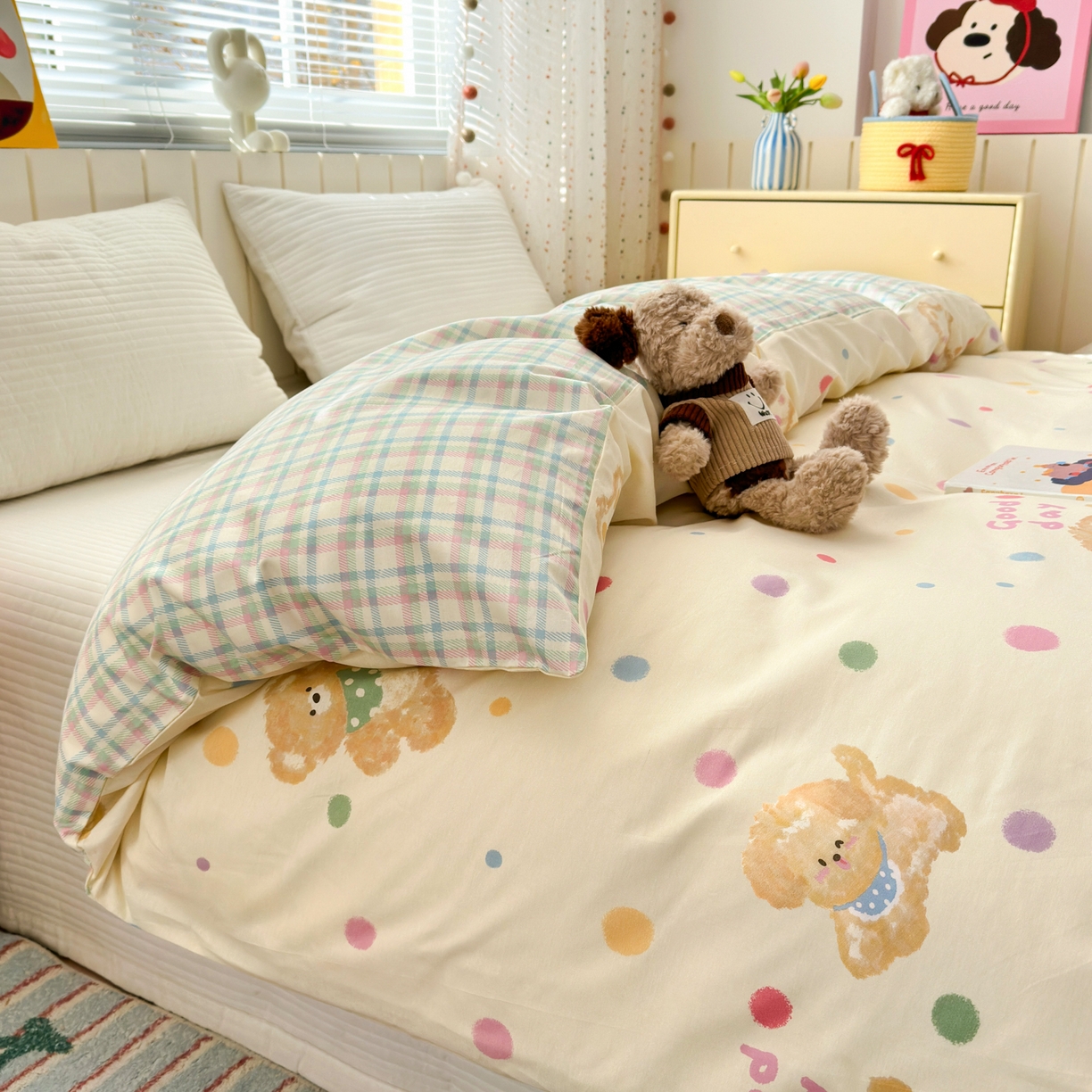 91家纺网 家纺一手货源 找家纺 清雅福 2026春夏新款INS小清新40支全棉13372单被套第一批 假日小狗