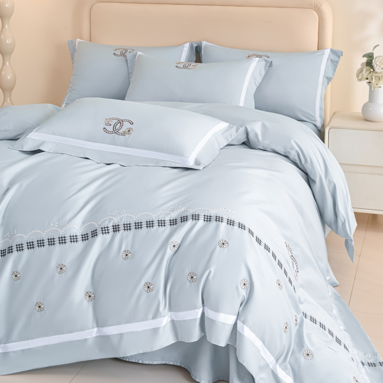 91家纺网 家纺一手货源 找家纺 新方向 2026年刺绣全棉100s贡缎长绒棉纯棉四件套-金伯妮 金伯妮-星月蓝
