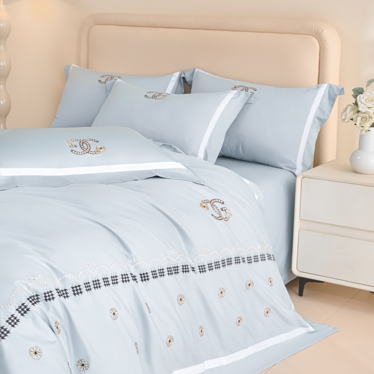 91家纺网 家纺一手货源 找家纺 新方向 2026年刺绣全棉100s贡缎长绒棉纯棉四件套-金伯妮 金伯妮-星月蓝