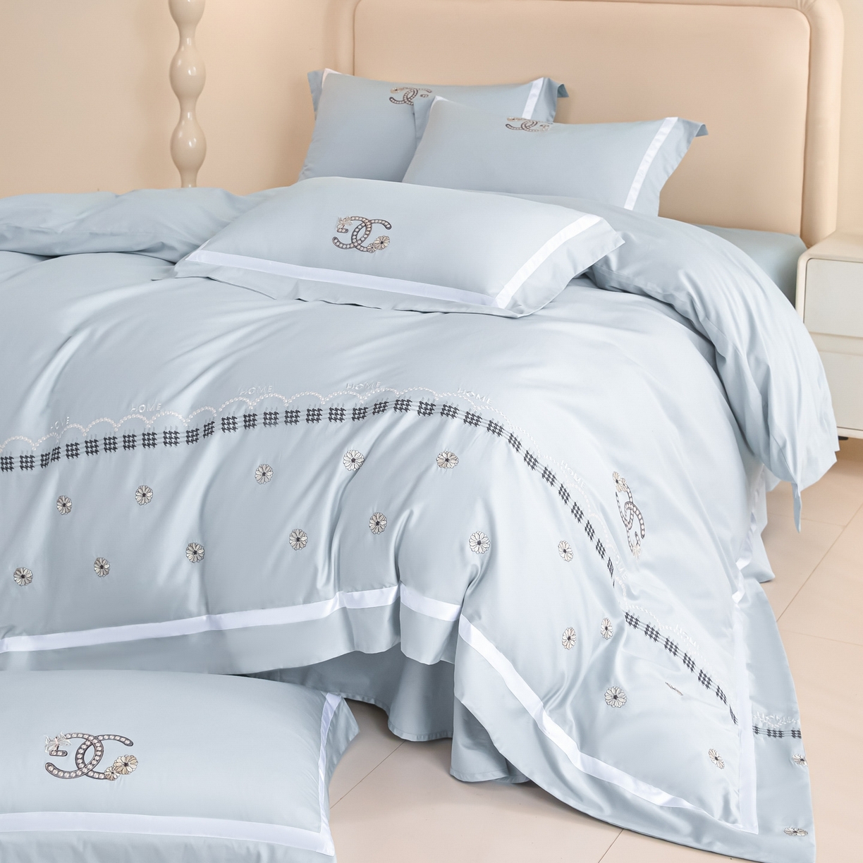 91家纺网 家纺一手货源 找家纺 新方向 2026年刺绣全棉100s贡缎长绒棉纯棉四件套-金伯妮 金伯妮-星月蓝