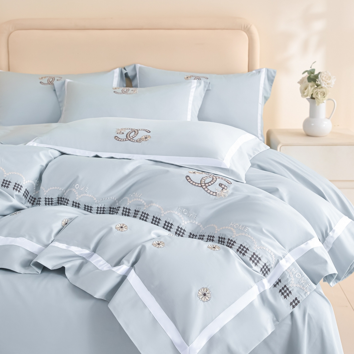 91家纺网 家纺一手货源 找家纺 新方向 2026年刺绣全棉100s贡缎长绒棉纯棉四件套-金伯妮 金伯妮-星月蓝