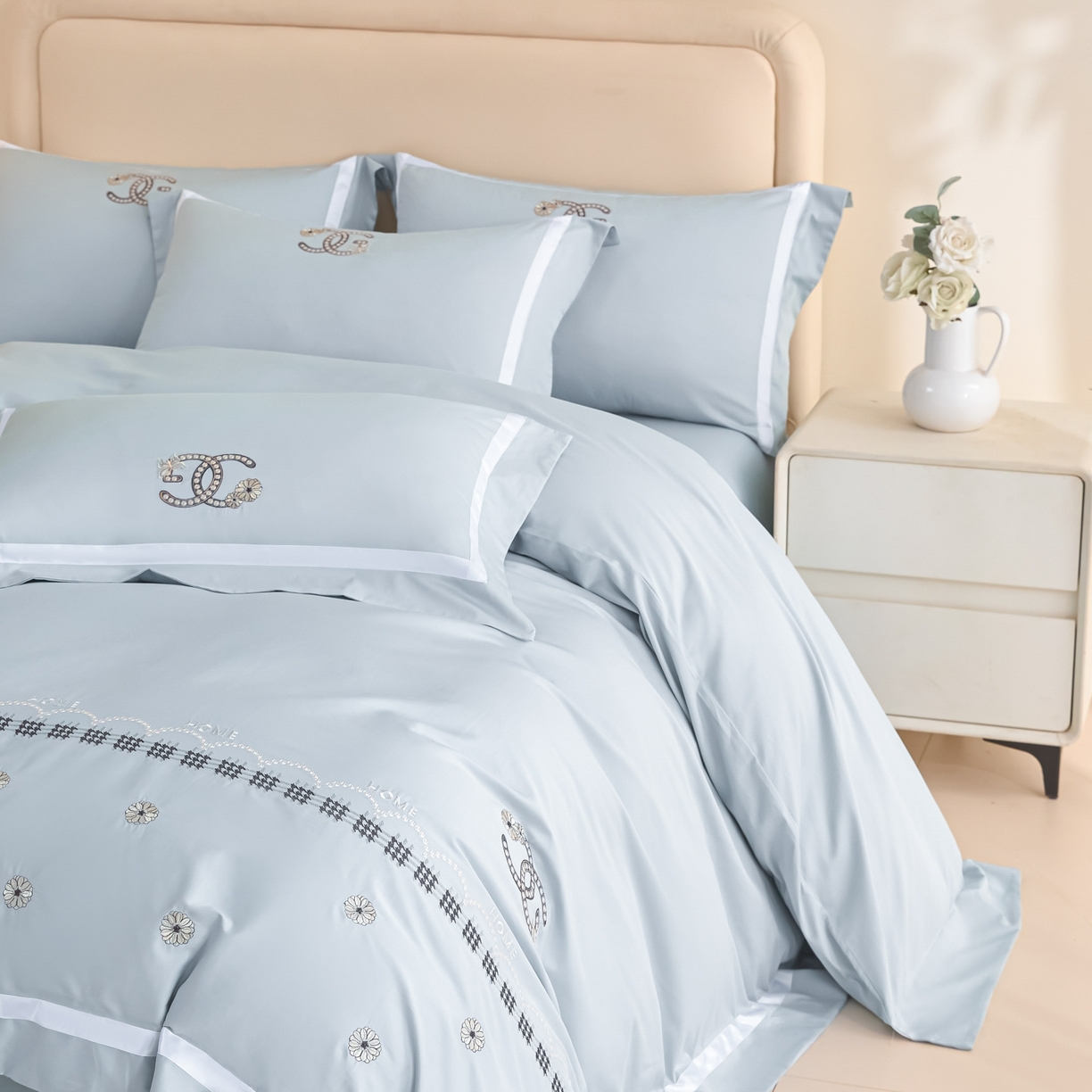 91家纺网 家纺一手货源 找家纺 新方向 2026年刺绣全棉100s贡缎长绒棉纯棉四件套-金伯妮 金伯妮-星月蓝