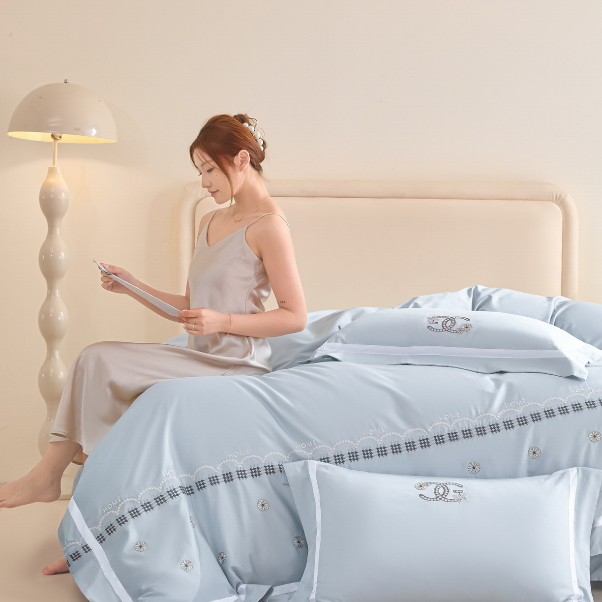 91家纺网 家纺一手货源 找家纺 新方向 2026年刺绣全棉100s贡缎长绒棉纯棉四件套-金伯妮 金伯妮-星月蓝