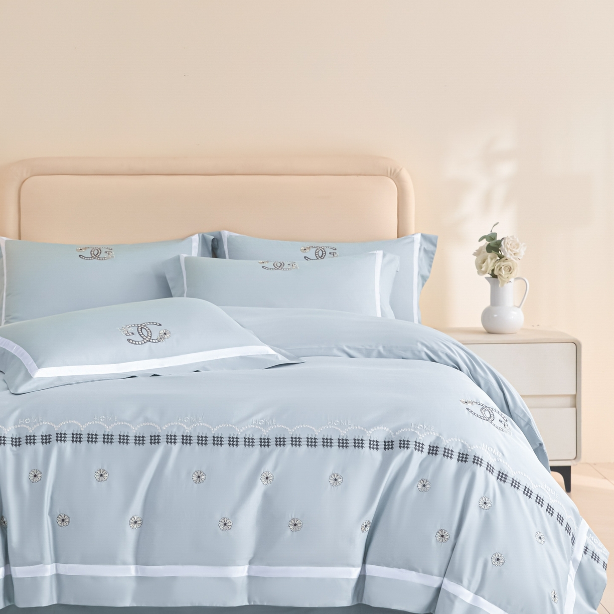 91家纺网 家纺一手货源 找家纺 新方向 2026年刺绣全棉100s贡缎长绒棉纯棉四件套-金伯妮 金伯妮-星月蓝