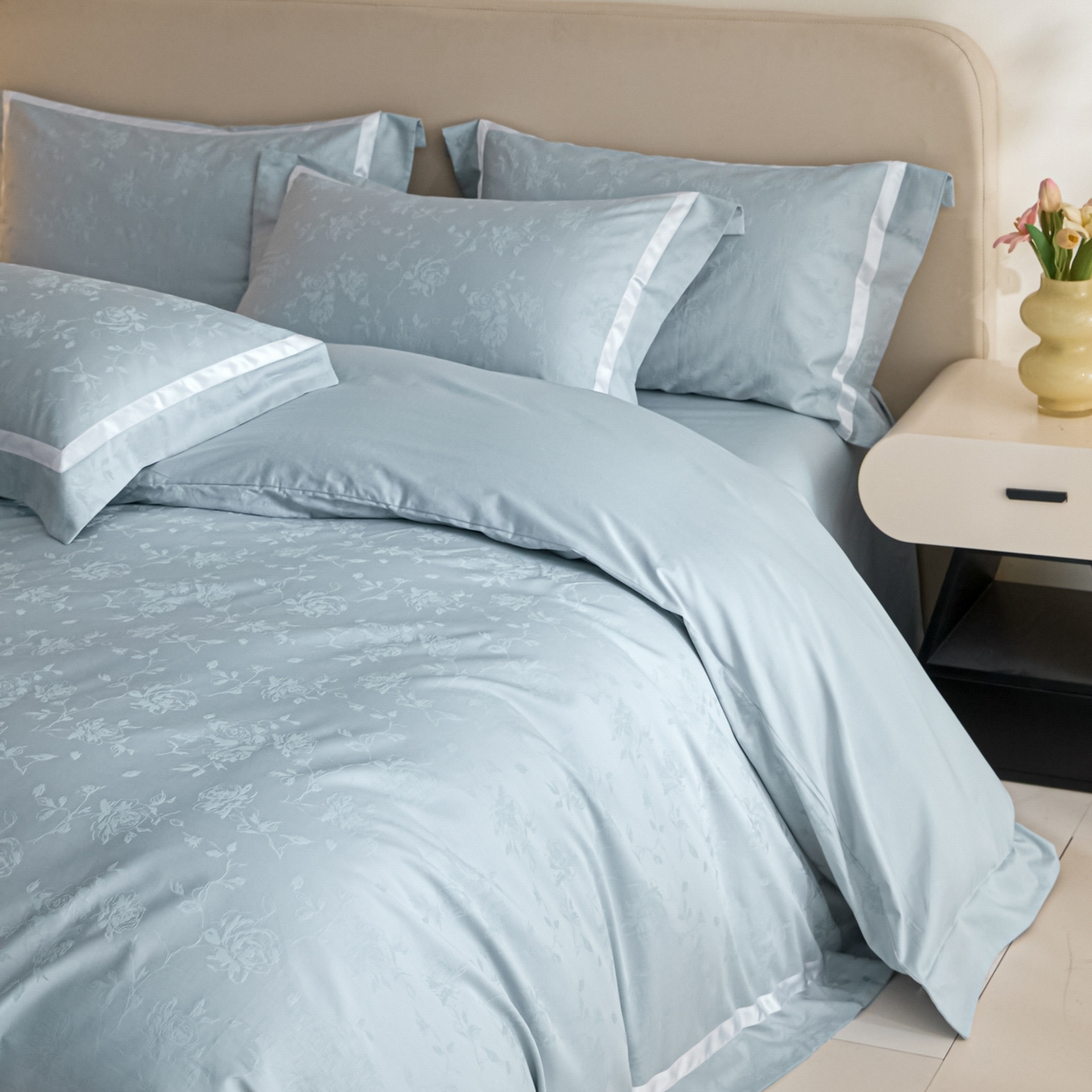 91家纺网 家纺一手货源 找家纺 新方向 2026年提花全棉100s贡缎长绒棉纯棉四件套-繁花 繁花-星月蓝