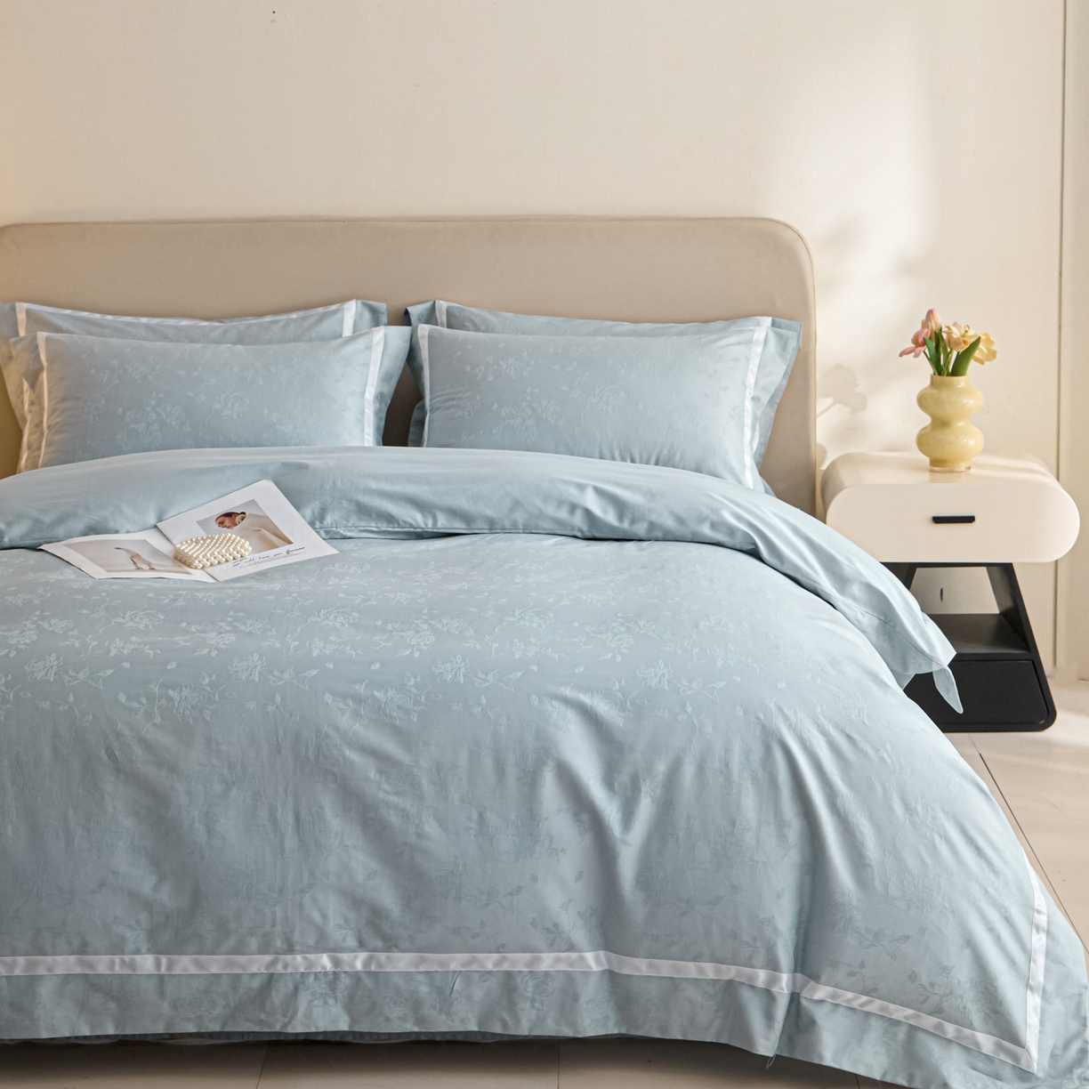 91家纺网 家纺一手货源 找家纺 新方向 2026年提花全棉100s贡缎长绒棉纯棉四件套-繁花 繁花-星月蓝