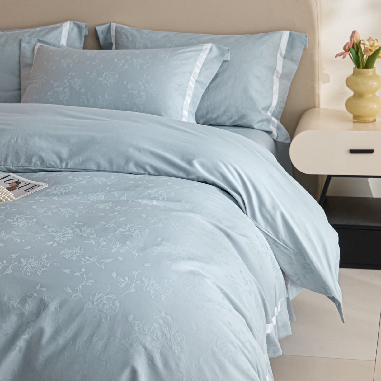 91家纺网 家纺一手货源 找家纺 新方向 2026年提花全棉100s贡缎长绒棉纯棉四件套-繁花 繁花-星月蓝