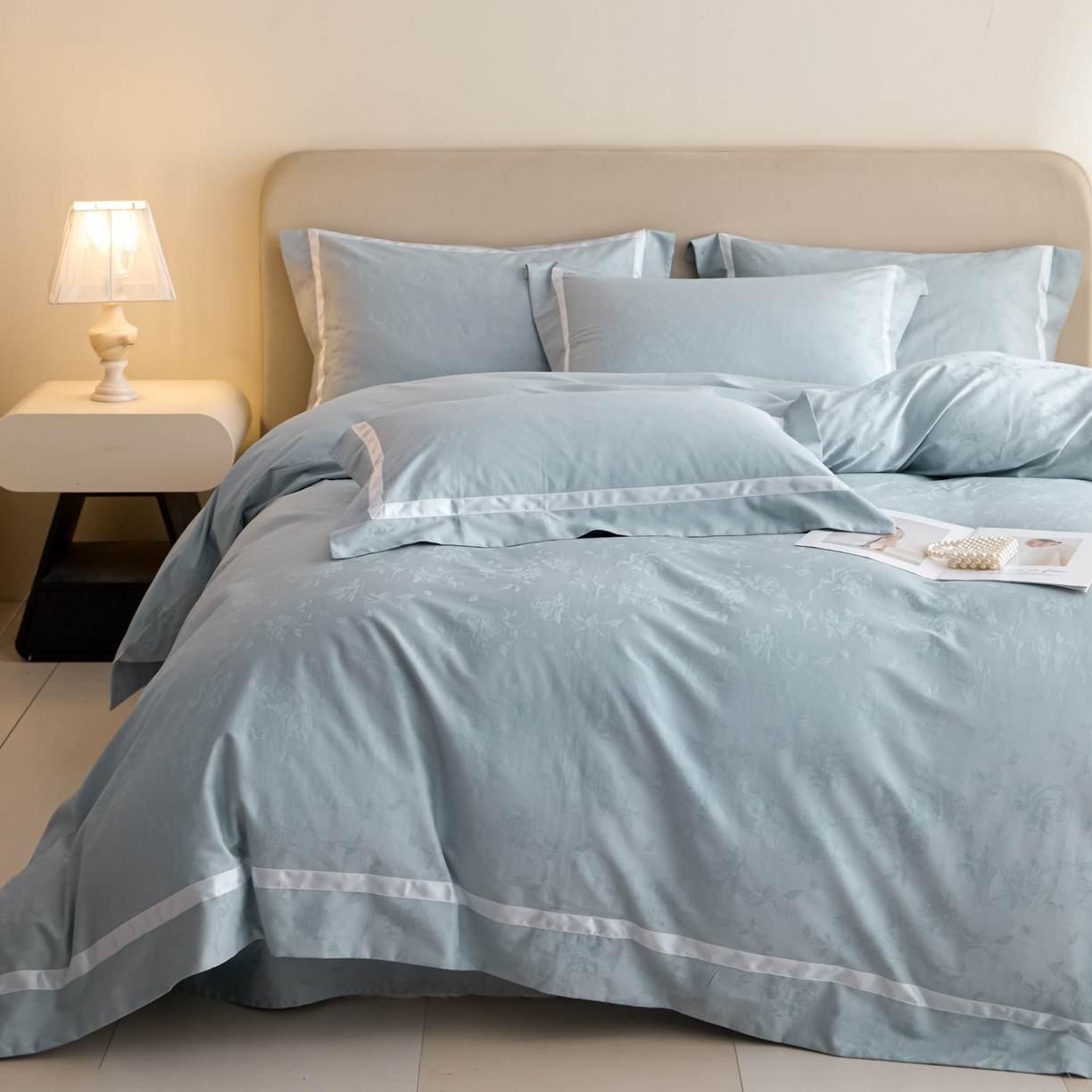 91家纺网 家纺一手货源 找家纺 新方向 2026年提花全棉100s贡缎长绒棉纯棉四件套-繁花 繁花-星月蓝